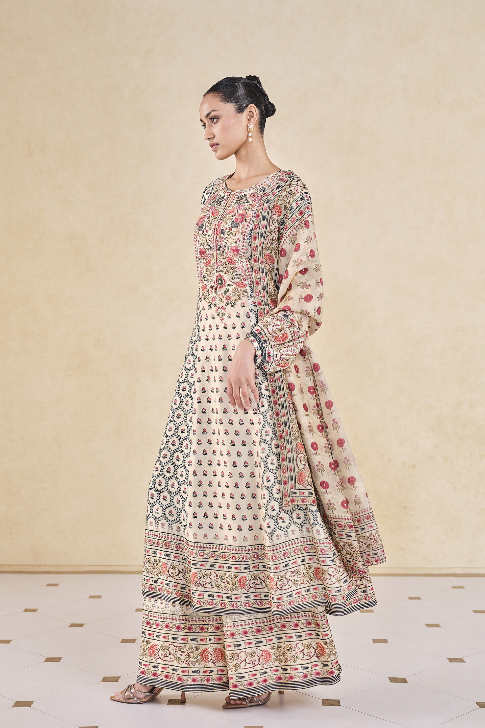 Demoiselle Printed Sequin Silk Suit Set - Cream, Cream, image 3